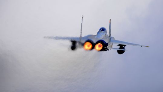 US Air Force F-15C Eagle launches for training sortie at RAF Lakenheath