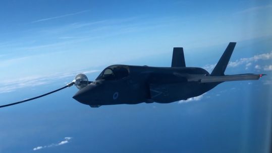 US Air Force Stratotanker refuelling an RAF F-35 above the North Sea