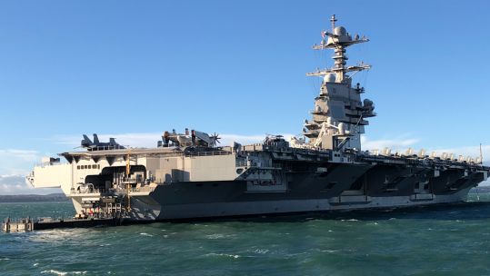 US Aircraft Carrier USS Gerald R Ford has been moored in the Solent near Portsmouth