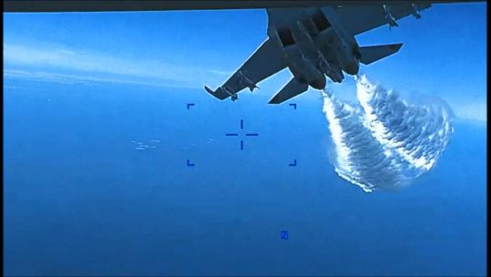 US Drone footae showing the moment before a Russian figther jet crashes into a US drone