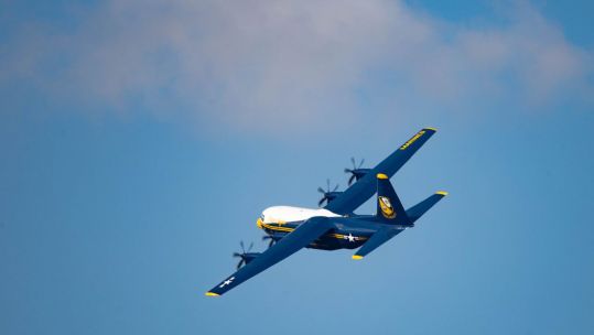 US Navy Aerobatic Flight Demonstration Squad Blue Angels 'Fat Albert' aircraft leaves Cambridge Airport UK for Iceland then Maine USA 040820 CREDIT RAF.jpeg
