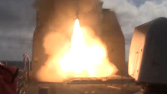 US Navy ship launches missiles to take out a simulated target over the Atlantic Ocean (Picture: US Dept of Defense).