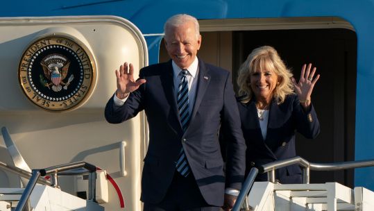 US President Joe Biden and First Lady Jill Biden arrive on Air Force One at RAF Mildenhall in Suffolk, ahead of the G7 summit in Cornwall