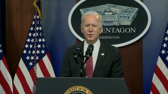 US President Joe Biden speaking at the Pentagon