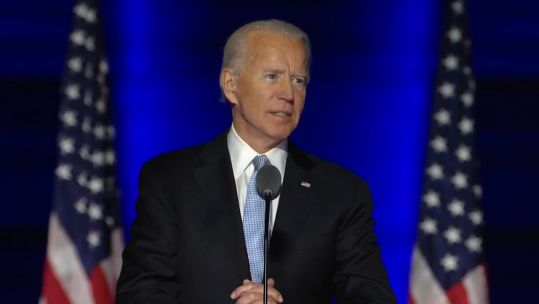 US President-elect Joe Biden addresses supporters with victory speech.