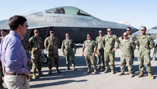 US Secretary of Defense Mark Esper meets with aircraft maintainers during a visit to Prince Sultan Air Base in Al Kharj, Saudi Arabia (Picture: US Department of Defense).