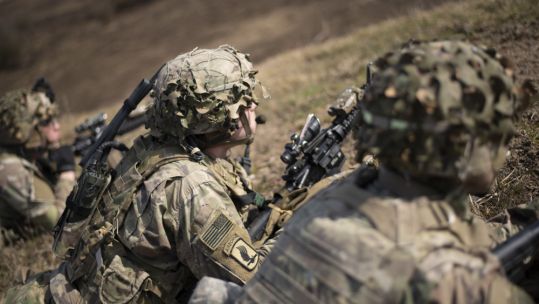 US soldiers from 1st Squadron, 91st Cavalry Regment, 173 Airborne Brigade, during a live fire exercise at Grafenwoehr Training Area in Germany