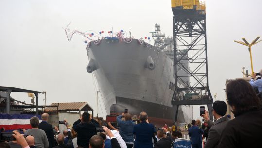 USNS Harvey Milk slides into the water during the christening ceremony in 2021 at General Dynamic NASSCO, San Diego CREDIT US Navy