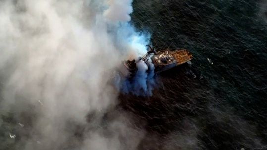 USS Boon after being used as a target during a live-firing exercise by the US and UK Air Force and Navy