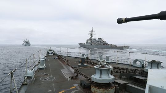 Cover image: Picture taken from HMS Sutherland showing USS Destroyer Ross on the right and RFA Tidespring on the left in the far distance (Picture: MOD).