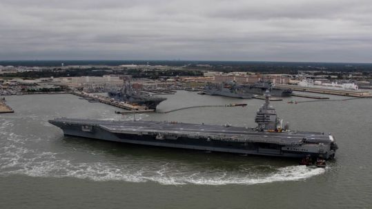USS Gerald R. Ford departs Naval Station Norfolk on its first deploment (Picture: US Department of Defense).