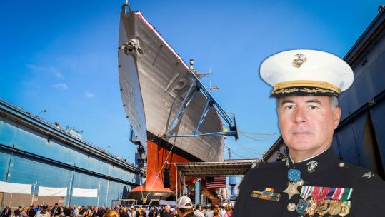 USS Harvey C. Barnum 29 July 2023 CREDIT US Department of Defense with Marine Corps Col. Harvey C. Barnum Jr picture overlaid CREDIT US Marine Corps