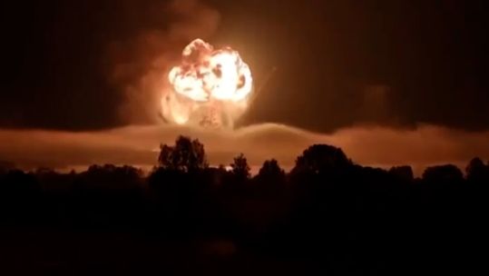 Ukraine launched one of the most devastating drone strikes of the war inside Russia's border - destroying the Toropets ammunition depot (Picture: Russian Social Media) 