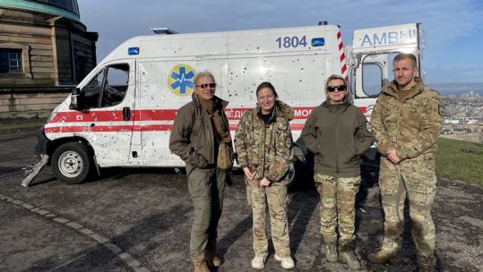 Ukraine combat medics tour a battle damaged ambulance around the UK 20022024 CREDIT BFBS