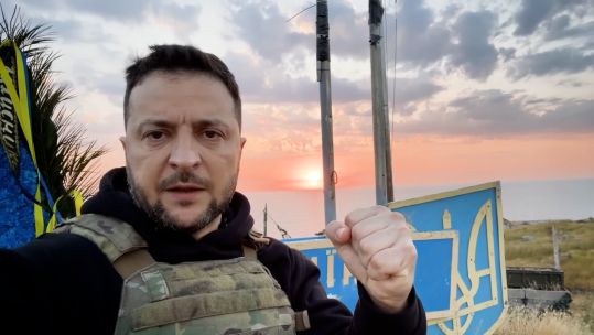 Ukraine's President Volodymyr Zelensky giving an address from Snake Island on the 500th day of Ukraine's war with Russia
