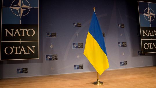 Ukrainian flag seen during a news conference following a NATO Foreign ministers meeting at the North Atlantic Treaty Organization's (NATO) headquarters in Brussels, Belgium 
