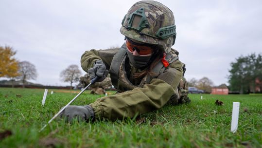 A Ukrainian soldier carries out EOD training on a practice mine (Picture: Defence Operations)