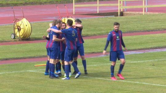 United Services footballers celebrate their first goal against Flackwell Heath in FA Vase competition.