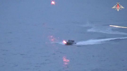 Unmanned speedboat seen speeding towards Russian reconnaissance ship before being destroyed