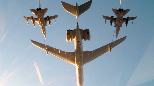Royal Air Force VC10, in the tanker role, carries out the air-to-air refuelling of a two RAF Tornado F3s