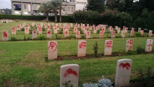Vandals scrawl Nazi swastikas on graves at British and Commonwealth cemetery in Israel Credit CWGC 11.10.19.jpg
