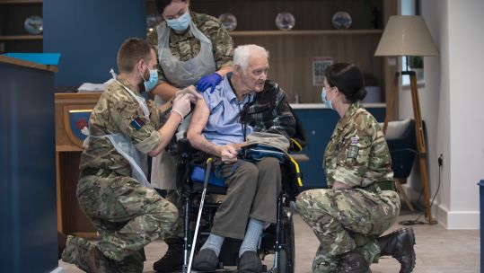 Veteran care home resident at Broughton House receives covid coronavirus vaccine from military medics 220121 CREDIT MOD