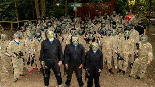 Veterans Mark Billy Billingham, Richard French and Hannah May and 100 civilians take on the 3 v 100 BFBS paintball challenge CREDIT BFBS