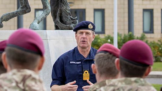 	Vice Admiral Sir Ben Key during a visit to Merville Barracks, Colchester, to meet some of the soldiers who deployed to Kabul to help the UK's evacuation of Afghanistan