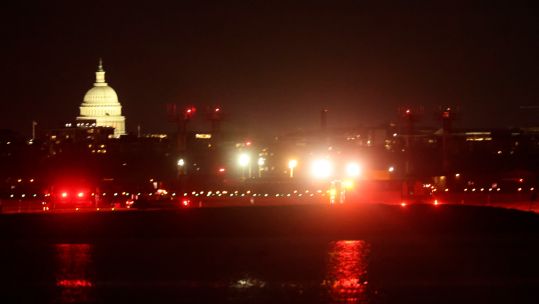 View of Reagan National Airport after an American Airlines passenger jet had crashed into a military helicopter while landing in Washington, DC 