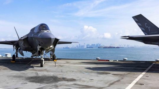 View of Singapore skyline from the flight deck of HMS Queen Elizabeth 260721 CREDIT HMS Queen Elizabeth Twitter.jpg