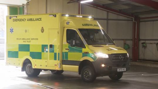 Welsh Ambulance service vehicle in motion driven by Army soldier 080221 CREDIT BFBS