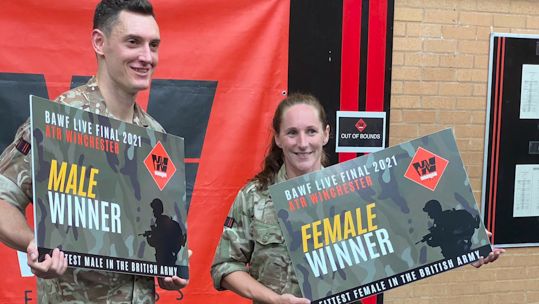 Winners Staff Sergeant Alex Rees Staff Sergeant Charlotte Spence the British Army Warrior Fitness (BAWF) competitio