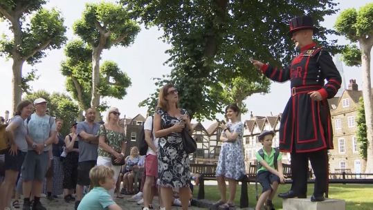 Yeoman Warders resume guided tours at the Tower of London as COVID social contact rules relaxed in England.