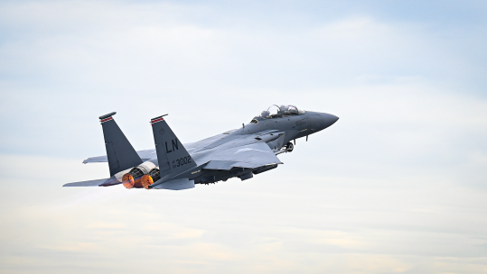 US Air Force F-15E Strike Eagle assigned to the 494th Fighter Wing, part of 48th Fighter Squadron, takes off from RAF Lakenheath 130521 CREDIT US DEPARTMENT OF DEFENSE