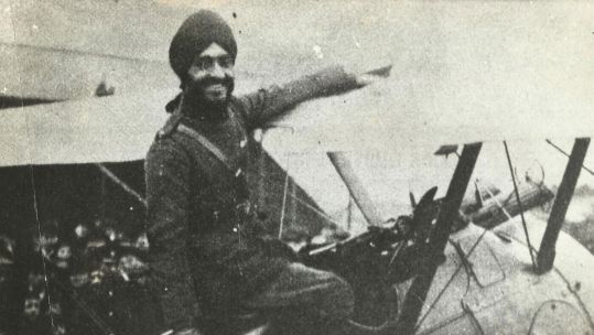 A cheerful Hardit aboard a Sopwith Camel at Manchester in March 1918 CREDIT Santhya Malik
