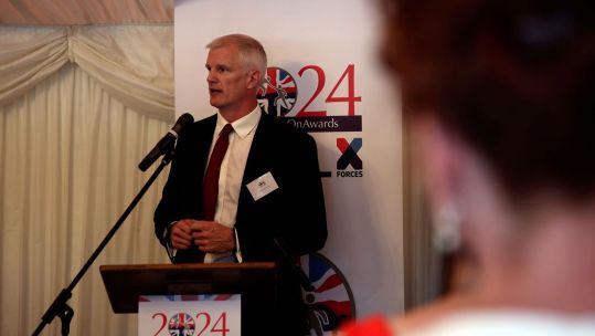Labour MP and Veterans Minister Al Carns speaks at the 2024 Soldiering On Awards finalist event 23 July 2024 CREDIT BFBS