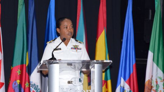 Chief of Defence Staff of Jamaican Defense Force, Rear Admiral Antonette Wemyss-Gorman, speaks during the opening ceremony for the Caribbean Nations Security Conference in June 2023 CREDIT Jamaica Defence Force