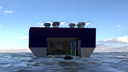 Computer simulation of Royal Navy new PODS system a sea with drones on top.