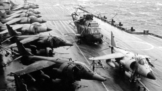Harriers on deck of HMS Hermes cut