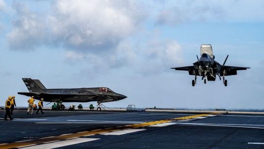A Royal Navy pilot has landed a F-35B Lightning II pilot on a Japanese warship for the first time (Picture: US Department of Defense)