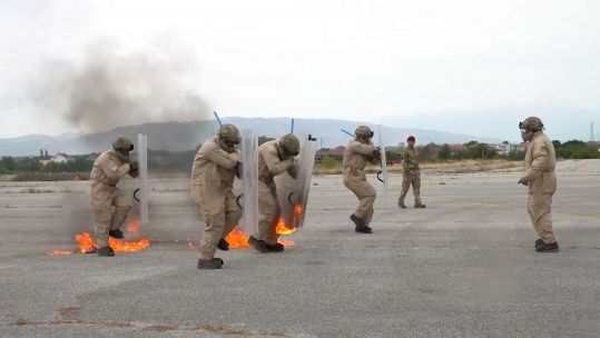 First Battalion Royal Gurkha Rifles carrying out riot and crowd control training with fire in Kosovo as part of NATO’s peace support operation in the region.