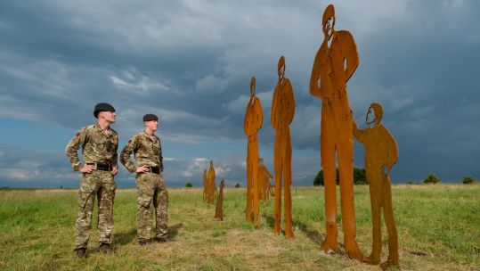 Members of 5 Rifles have been turned into giant metal statues as part of an important campaign to increase public safety around military training areas (Picture: Richard Dawson/ PA Media)