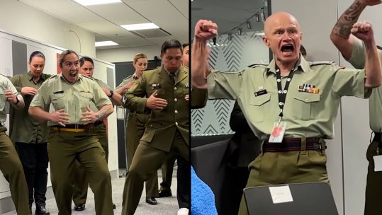 Members of the New Zealand Defence Force welcomed the new head of the army, Major General Rose King to their headquarters with a traditional haka dance (Picture: NZ Defence Force YouTube)