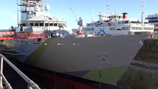 HMS Mersey is having the western approach colour scheme applied to her exterior.