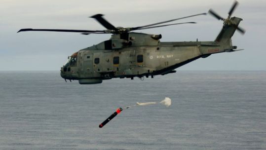 A Merlin helicopter deploying a Sting Ray torpedo into the sea (Picture: 820 Naval Air Squadron). 