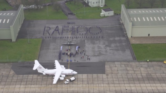 RAF cadets formed a human RAF 100 sign to welcome the veterans.