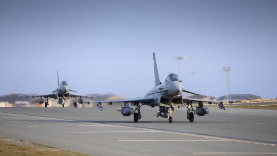 RAF Typhoon aircrafts depart for a sortie with Storm Shadow Cruise Missiles over the Middle East on Operation Shader 100321 CREDIT MOD 