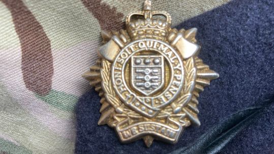 The Royal Logistic Corps cap badge.