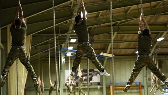 Royal Marines recruits on the ropes at Lympstone. Picture by Richard White, FMA student