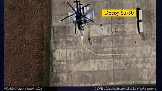 Russia is resorting to using painted on decoys to protect its aircraft - but they keep making the same mistake (Picture: Crown Copyright/CNES 20924, Distribution AIRBUS DS).